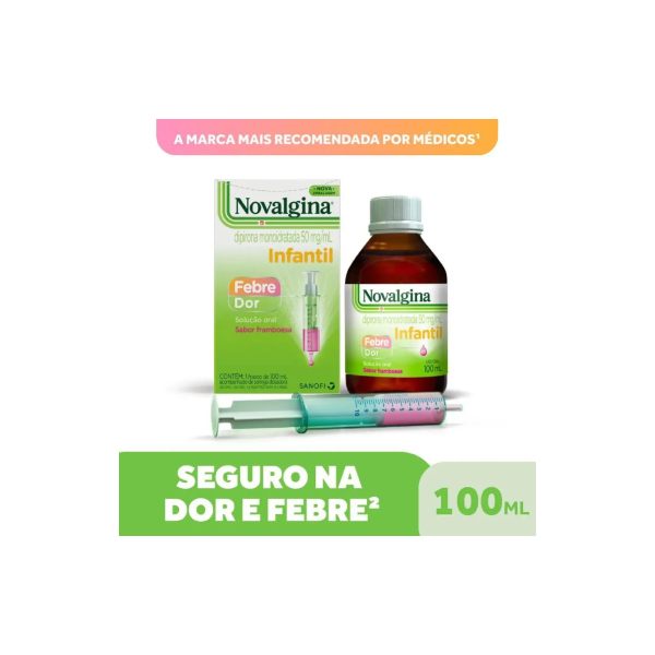 Novalgina Infantil Dipirona 50mg/ml Sabor Framboesa 100ml + Seringa para Febre e Dor